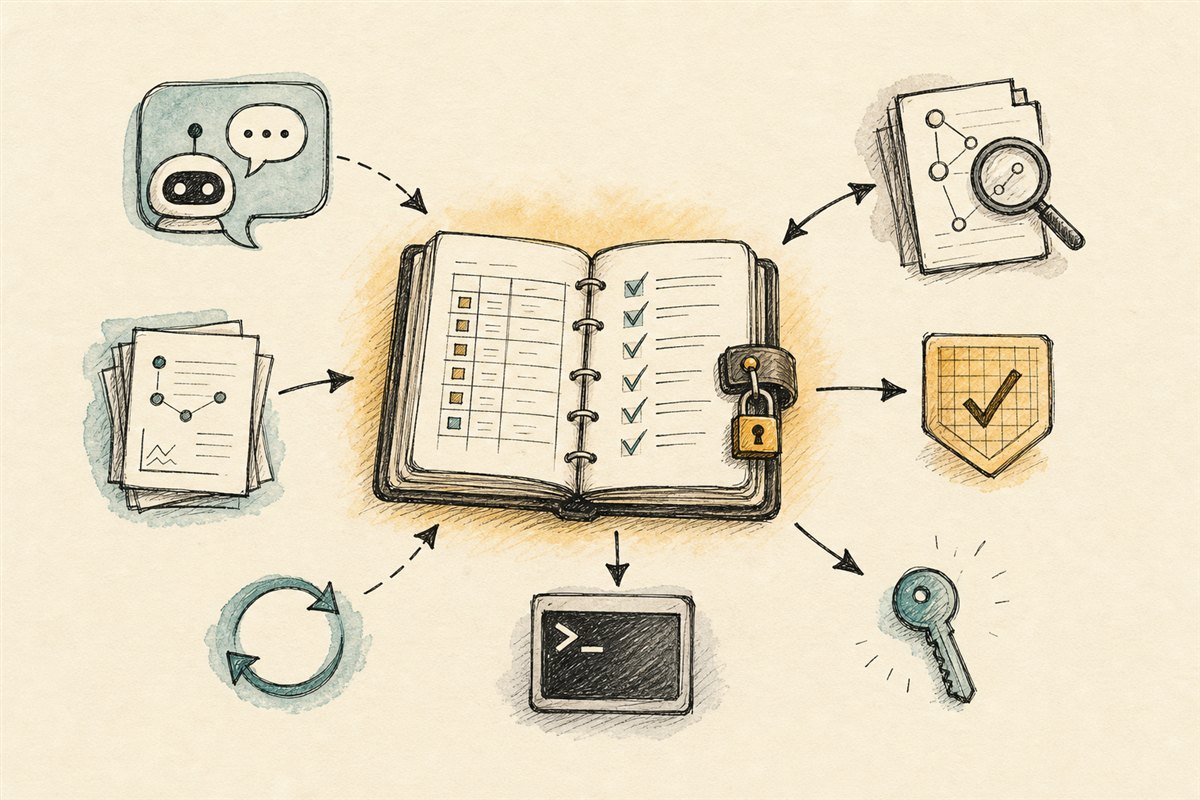 Hand-sketched diagram of a locked ledger connecting an agent, evidence, policy, credentials, execution, and recovery.