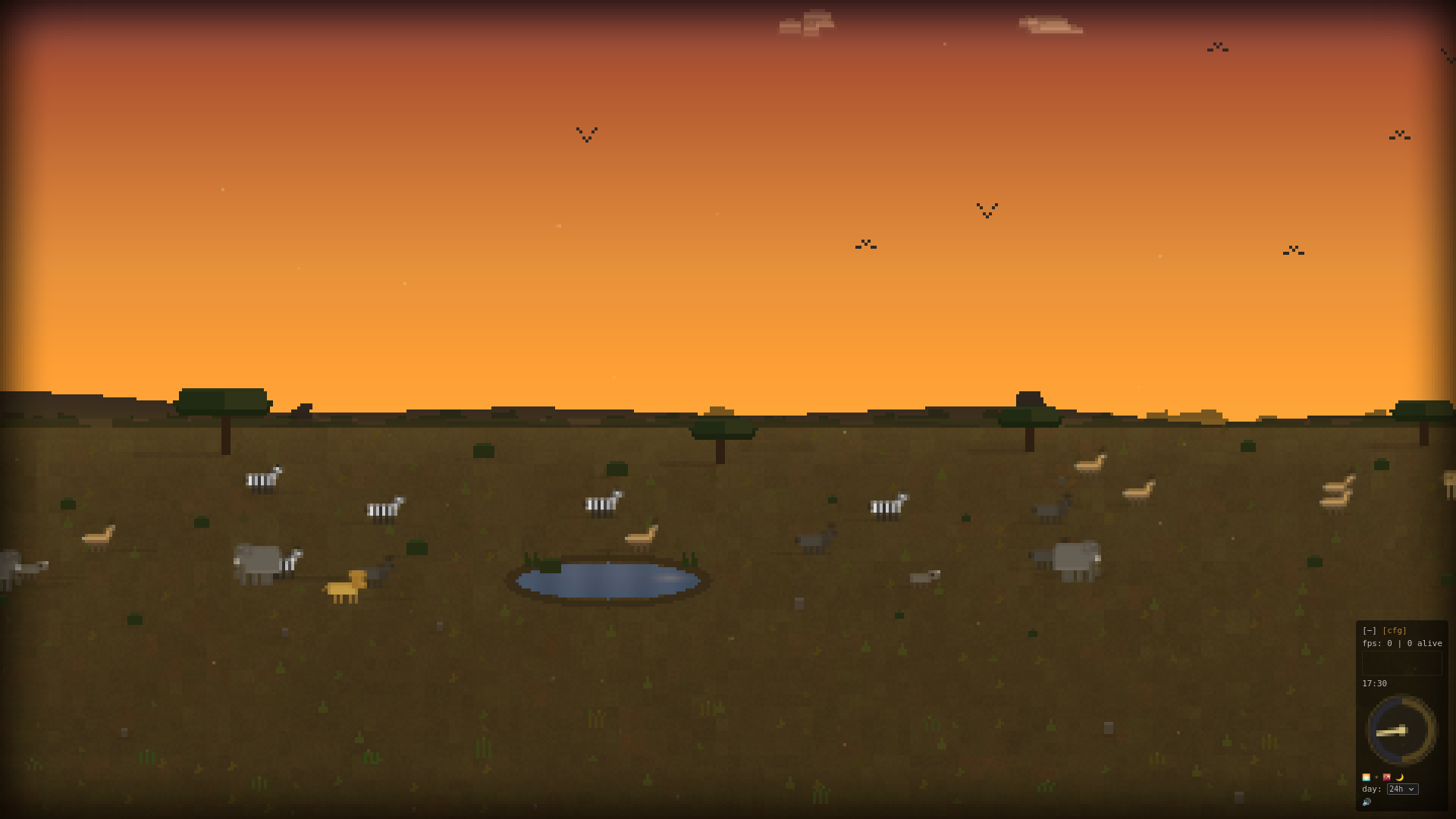Sunset over the savanna: pixel-art animals grazing under an orange sky.